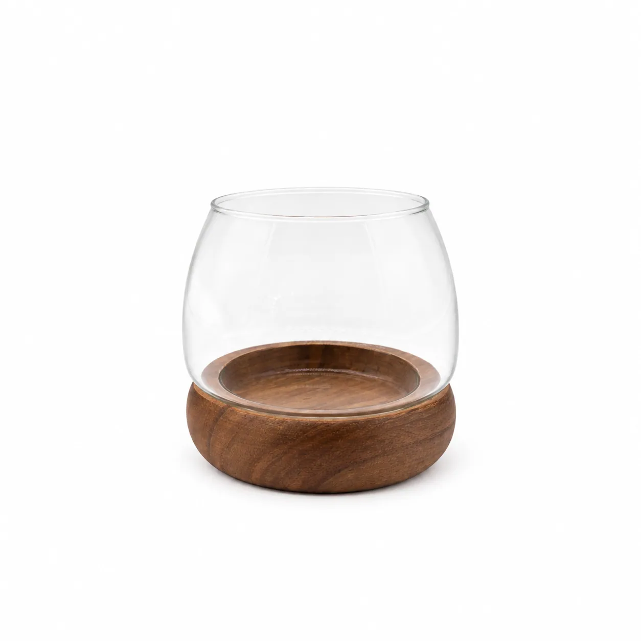 Glazen kandelaar met houten voet S